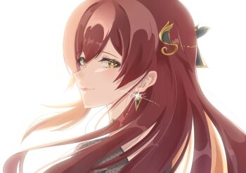 1girl 332e_e brown_hair closed_mouth earrings eden_(honkai_impact) hashtag-only_commentary highres honkai_(series) honkai_impact_3rd jewelry long_hair looking_at_viewer simple_background smile solo upper_body very_long_hair white_background yellow_eyes