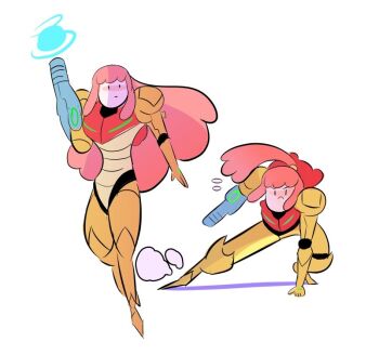 adventure_time arm_cannon armor colored_skin cosplay crossover energy_ball fusion long_hair metroid mic_morty nintendo orange_armor pink_hair pink_skin ponytail power_armor power_suit_(metroid) princess_bonnibel_bubblegum samus_aran samus_aran_(cosplay) varia_suit weapon