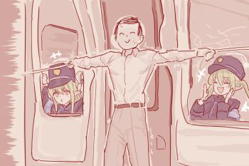 1boy 2girls armband belt blue_archive closed_eyes doodle_sensei_(blue_archive) fight_yoghurt green_hair hikari_(blue_archive) holding marvel multiple_girls nozomi_(blue_archive) pointy_ears sensei_(blue_archive) shirt smile spider-man_(series) spider-man_2_(2004) sweat train triangle_mouth white_shirt