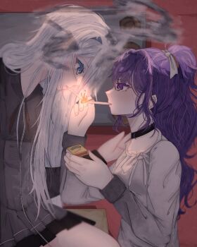 2girls asahina_mafuyu black_dress black_ribbon blue_eyes dress eiyiyu gradient_clothes grey_dress highres holding_matchbox long_hair multiple_girls ponytail project_sekai purple_eyes purple_hair ribbon smoking white_hair yoisaki_kanade yuri