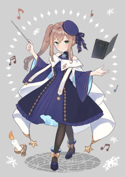 1girl absurdres ahase_hino ankle_bow ankle_ribbon bare_shoulders beret black_dress blush book boots bow brooch brown_pantyhose candle character_request closed_mouth commentary_request conductor_baton dress epic_seven floating floating_book floating_object full_body green_eyes grey_background hands_up hat high_heels highres jewelry light_blush light_smile long_hair long_sleeves looking_at_viewer medium_dress musical_note musical_note_brooch pantyhose purple_boots purple_dress purple_hat ribbon side_ponytail sidelocks snowflakes solo standing tilted_headwear wide_sleeves yellow_bow