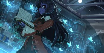 Rule 34 | 1girl, alyx quintessence, au ra, black eyes, black horns, black scales, blue fire, blue hair, blue skin, book, book stack, bookshelf, bug, butterfly, candle, colored skin, commission, cowboy shot, dragon girl, dragon horns, dragon tail, female focus, final fantasy, final fantasy xiv, fire, full moon, highres, holding, holding book, horns, indoors, insect, long hair, moon, multicolored eyes, night, open book, reading, red eyes, scales, shuuko (s h uuko), sky, skylight, solo, standing, star (sky), tail, warrior of light (ff14), wide sleeves