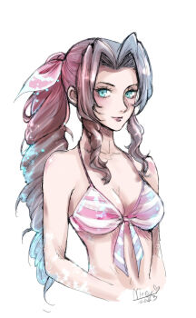 2023 aerith_gainsborough alternate_costume artist_name bare_arms bare_shoulders bikini braid braided_ponytail breasts brown_hair cleavage final_fantasy final_fantasy_vii green_eyes hair_ribbon herzloserengel highres looking_at_viewer medium_breasts midriff parted_bangs pink_bikini pink_ribbon ribbon sidelocks single_braid striped_bikini striped_clothes swimsuit upper_body white_background