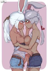 2futa after_kiss blue_eyes breasts clothes_lift clothes_pull commission cutoffs eye_contact from_side frottage futa_with_futa futanari grabbing_another&#039;s_arm green_eyes grey_hair hand_on_another&#039;s_cheek hand_on_another&#039;s_face highres jack_rockhardt looking_at_another medium_breasts medium_penis multiple_futa open_clothes open_shorts penis penises_touching precum rabbit_ears rabbit_girl saliva saliva_trail shirt_lift shirt_pull short_shorts shorts small_breasts small_penis testicles uncensored white_hair