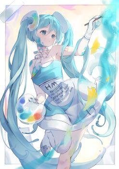 1girl absurdly_long_hair absurdres bare_shoulders blue_dress blue_eyes blue_hair border chinese_commentary choker closed_mouth clothes_writing commentary_request covered_collarbone dress english_text expressionless eyelashes fernjun foot_out_of_frame gloves grey_shoes hair_between_eyes halter_dress halterneck hatsune_miku high_heels highres holding holding_paint_palette holding_paintbrush knees leg_up light_particles long_hair looking_at_object neck_ribbon number_tattoo outside_border paint paint_on_body paint_palette paintbrush painting_(action) palette_hair_ornament pantyhose ribbon shoes short_dress shoulder_tattoo single_bare_leg single_leg_pantyhose solo tape tattoo twintails two-tone_dress very_long_hair vocaloid white_border white_choker white_dress white_gloves white_pantyhose white_ribbon yellow_background