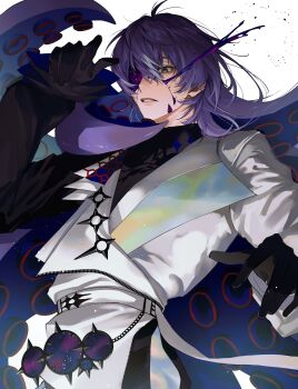 1boy belt belt_charm black_gloves black_pants black_shirt bleeding blood charm_(object) collared_shirt cowboy_shot cracked_skin galaxy gloves green_eyes hair_between_eyes hand_up highres hollow_body holographic_clothing hoshirube_sho hoshirube_sho_(1st_costume) jacket lapels lips long_hair long_sleeves looking_down male_focus missing_eye nijisanji pants parted_lips purple_blood purple_hair salmon_yo shirt simple_background single_sleeve sleeves_past_wrists solo tentacle_hair virtual_youtuber white_background white_belt white_jacket zipper
