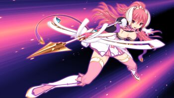 1girl armor boots bow_(weapon) breasts cleavage dress elbow_gloves en_ciel_rena en_ciel_rena_(sin) full_body game_cg gloves holding holding_weapon knee_boots kourin_tenshi_en_ciel_rena large_variant_set legs_apart long_hair medium_breasts non-web_source official_art open_mouth pink_hair pink_thighhighs polearm ponytail red_eyes saitou_natsuki skirt solo spear suhamaya thighhighs tomoe_rena variant_set weapon zettai_ryouiki