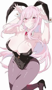 1girl absurdres animal_ears arms_up bare_shoulders black_leotard black_pantyhose black_shoes blush bow bowtie breasts cleavage closed_mouth collar collarbone commentary detached_collar english_commentary high_heels highres hololive hololive_english jpeg_artifacts kamiya_maneki large_breasts leotard long_hair looking_at_viewer mori_calliope pantyhose pink_bow pink_bowtie pink_eyes pink_hair playboy_bunny rabbit_ears rabbit_pose shoes signature skull_ornament solo strapless strapless_leotard thighs twitter_username virtual_youtuber white_collar white_wrist_cuffs wrist_cuffs