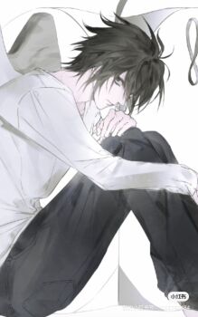 Rule 34 | 1boy, 8knff, bags under eyes, black eyes, black hair, black pantyhose, death note, feet out of frame, hair between eyes, hugging own legs, l (death note), long sleeves, looking at viewer, male focus, messy hair, no eyebrows, pantyhose, shirt, short hair, sitting, solo, white shirt