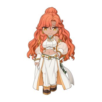 1girl breasts chibi chibi_only closed_mouth crop_top dark-skinned_female dark_skin detached_sleeves earrings full_body grey_sleeves jewelry lalaila_nazar_wigner long_hair looking_at_viewer medium_breasts midriff navel official_art orange_hair ragnarok_online shirt simple_background skirt smile solo transparent_background wavy_hair white_shirt white_skirt yellow_eyes yuichirou