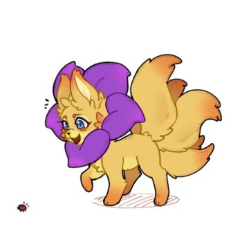 Rule 34 | :d, animal, animal focus, animalization, blue eyes, bug, chinese commentary, commentary request, flower, fox, insect, ladybug, lowres, multiple tails, no humans, open mouth, plants vs. zombies, plants vs. zombies 2, purple flower, shrinking violet (plants vs. zombies), simple background, smile, tail, tongue, veghia, white background