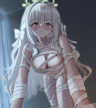 1girl absurdres alternate_costume bandaged_arm bandaged_leg bandages blue_archive blush bow braid breasts commentary_request grey_hair hair_bow hair_ribbon halloween_costume halo highres indoors looking_at_viewer medium_breasts miyo_(blue_archive) mummy_costume naked_bandage ribbon ribbon_braid solo white_bow white_ribbon yellow_eyes yoshino_sakura_(0db5t510388113n)