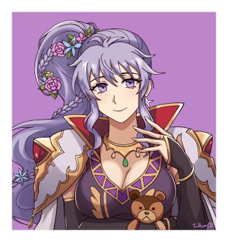 Rule 34 | 1girl, armor, artist name, border, bracelet, braid, breasts, bridal gauntlets, cleavage, closed mouth, commentary, commission, double-parted bangs, earrings, english commentary, fire emblem, fire emblem: genealogy of the holy war, fire emblem heroes, flower, hair between eyes, hair flower, hair ornament, high collar, high ponytail, highres, hugging object, ishtar (echoing thunder) (fire emblem), ishtar (fire emblem), jewelry, large breasts, long hair, looking at viewer, necklace, nintendo, official alternate costume, pauldrons, ponytail, portrait, purple background, purple eyes, purple hair, shoulder armor, side ponytail, sidelocks, simple background, single earring, smile, solo, stuffed animal, stuffed toy, teddy bear, upper body, whimcb, white border