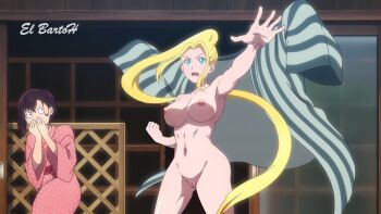 2girls beatrix_amerhauser blonde_hair blue_eyes breasts completely_nude mikazuki_shizuka multiple_girls nipples nude ponytail purple_hair short_hair zom_100:_zombie_ni_naru_made_ni_shitai_100_no_koto