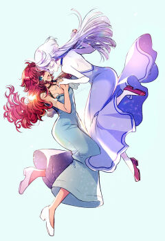 Rule 34 | 2girls, aqua dress, aqua eyes, backless dress, backless outfit, block heels, commentary request, couple, dark-skinned female, dark skin, dress, eye contact, gundam, gundam suisei no majo, highres, holding hands, interlocked fingers, izumiya otoha, jewelry, long dress, long hair, looking at another, miorine rembran, multiple girls, necklace, open mouth, purple dress, red hair, red shoes, shoes, sleeveless, sleeveless dress, smile, suletta mercury, white background, white hair, white shoes, yuri