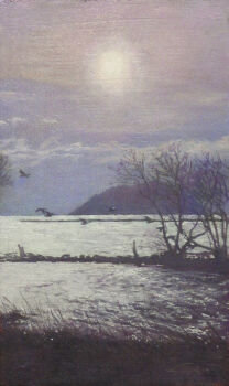 Rule 34 | bare tree, bird, cloud, cloudy sky, commentary request, dawn, day, highres, horizon, mountain, naohiro ito, ocean, oil painting (medium), original, painting (medium), photorealistic, realistic, scenery, shore, sky, traditional media, tree