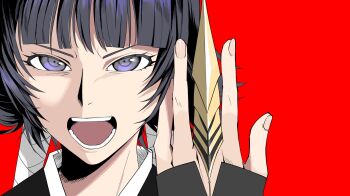 Rule 34 | 1girl, black hair, black kimono, bleach, blunt bangs, braid, commentary request, furrowed brow, highres, holding, holding weapon, japanese clothes, jellyfish irene, kimono, looking at viewer, open mouth, purple eyes, red background, shihakusho, short hair, solo, sui-feng, suzumebachi (shikai), twin braids, upper body, weapon