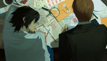 Rule 34 | 2boys, bags under eyes, black eyes, black hair, black jacket, blue pants, brown hair, coffee, coffee mug, collared shirt, commentary request, cup, death note, envelope, food, from above, fruit, hair between eyes, jacket, l (death note), looking at viewer, magnifying glass, male focus, mug, multiple boys, no eyebrows, pants, shirt, short hair, strawberry, sugar cube, suit jacket, thumb to mouth, white shirt, yagami light, zrzz