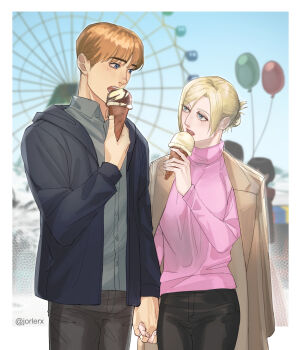 1boy 1girl amusement_park annie_leonhart armin_arlert black_hoodie black_pants blonde_hair blue_eyes blue_shirt blurry blurry_background border breasts brown_jacket collared_shirt couple cowboy_shot ferris_wheel hair_bun hetero highres holding holding_hands holding_ice_cream_cone hood hoodie ice_cream_cone jacket jacket_on_shoulders jorlerx looking_at_another medium_breasts medium_hair open_mouth pants pink_sweater shingeki_no_kyojin shirt short_hair suit_jacket sweater turtleneck turtleneck_sweater twitter_username updo white_border