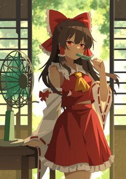 Rule 34 | 1girl, absurdres, ascot, bow, brown hair, chinese commentary, commentary request, detached sleeves, eating, electric fan, food, food in mouth, frilled bow, frilled hair tubes, frilled skirt, frills, hair bow, hair tubes, hakurei reimu, highres, long hair, popsicle, popsicle in mouth, red bow, red eyes, red skirt, ribbon-trimmed sleeves, ribbon trim, sdftehn, skirt, skirt set, solo, sweat, touhou, yellow ascot