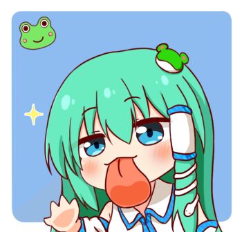 Rule 34 | 1girl, blue background, blue eyes, blush, chibi, chibi only, collared shirt, commentary request, frog hair ornament, hair ornament, kochiya sanae, long sleeves, shirt, solo, tongue, tongue out, touhou, white shirt, yige lurenjia