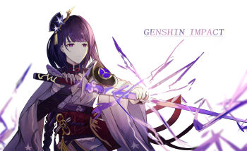 1girl absurdres armor blunt_bangs blurry braid closed_mouth commentary depth_of_field english_text expressionless fan_hair_ornament genshin_impact hair_ornament highres holding holding_sword holding_weapon japanese_clothes katana kimono long_hair looking_to_the_side mitsudomoe_(shape) mole mole_under_eye musou_isshin_(genshin_impact) purple_eyes purple_hair purple_kimono raiden_shogun red_sash sash shoulder_armor solo standing sword tomoe_(symbol) upper_body weapon white_background xuerenxiansheng