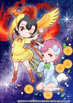 2girls absurdres bird_girl bird_tail bird_wings black_hair bow brown_eyes cardigan copyright_name feathered_wings head_wings hi_no_tori hi_no_tori_(kemono_friends) highres horns kemono_friends kemono_friends_3 long_hair looking_at_viewer multiple_girls neck_ribbon official_art purple_hair red_eyes ribbon shirt shoes skirt socks space tail unico unico_(kemono_friends) unicorn_girl unicorn_horn wings yoshizaki_mine