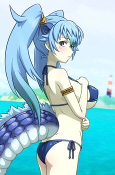 1girl acesrulez animal_ears armlet beach bikini blue_bikini blue_eyes blue_hair blush breasts dragon_girl dragon_tail extra_ears jewelry kemono_friends large_breasts long_hair looking_at_viewer looking_to_the_side multicolored_hair ocean seiryuu_(kemono_friends) side-tie_bikini_bottom solo swimsuit tail twintails