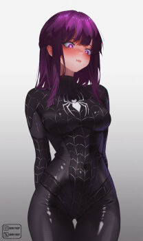1girl absurdres animal_print arms_behind_back black_bodysuit blunt_bangs blush bodysuit breasts cosplay crossover fern_(sousou_no_frieren) gradient_background grey_background highres izei1337 large_breasts long_hair looking_down marvel pout print_bodysuit purple_eyes purple_hair sousou_no_frieren spider-man spider-man_(cosplay) spider-man_(series) spider_print spider_web_print superhero_costume symbiote thigh_gap