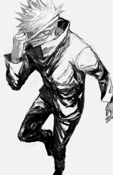 1boy arm_up bandage_pull bandaged_head bandages collared_jacket commentary_request covered_mouth full_body gojou_satoru highres jacket jujutsu_kaisen kuwoniagyu11112 long_sleeves looking_at_viewer male_focus pants shoes short_hair simple_background solo spiked_hair standing standing_on_one_leg white_background wide-eyed