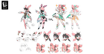 1girl :t ;d @_@ absurdres aria_(zenless_zone_zero) boots bow chinese_commentary chinese_text commentary_request concept_art copyright_name dress dual_persona english_text flying_sweatdrops footwear_bow full_body green_halo halo high_heel_boots high_heels highres humanoid_robot idol_clothes kneehighs multicolored_hair multiple_expressions multiple_views official_art one_eye_closed open_mouth pink_hair pout puff_of_air quad_tails question_mark_in_eye reference_sheet robot robot_ears robot_girl simple_background smile socks sparkle sparkling_aura streaked_hair translation_request v v_over_eye waterkuma white_background white_dress white_footwear zenless_zone_zero