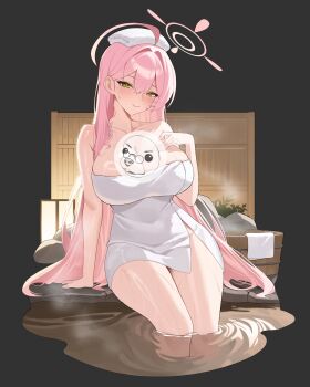 1girl absurdres ahoge bare_shoulders blue_archive blush breasts bucket censored cleavage collarbone ddog fence green_eyes hair_between_eyes halo hanako_(blue_archive) hashtag-only_commentary highres huge_ahoge lantern large_breasts long_hair looking_at_viewer naked_towel onsen paper_lantern partially_submerged pink_hair pink_halo sitting smile solo thighs towel wooden_bucket wooden_fence