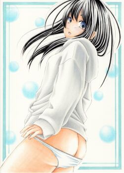 1girl absurdres aqua_border ass black_hair blue_eyes border commentary_request cowboy_shot from_side highres hood hoodie long_hair long_sleeves looking_at_viewer looking_to_the_side marker_(medium) midori_(mira567) no_pants open_mouth original outside_border panties panty_pull sleeves_past_wrists solo traditional_media underwear white_background white_hoodie white_panties