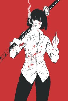 1girl black_hair black_pants blood blood_on_clothes blood_on_face blood_on_hands breasts cigarette cleavage collarbone collared_shirt commentary english_commentary glowing glowing_eyes highres holding holding_weapon hvcassini98 limbus_company looking_at_viewer medium_breasts middle_finger ootachi over_shoulder pants project_moon red_background red_eyes red_theme ryoshu_(project_moon) shirt short_hair smoke smoking solo weapon weapon_over_shoulder white_shirt