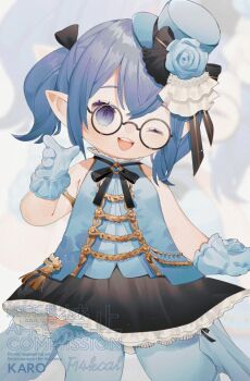 1girl adversarial_noise armlet artist_name bare_shoulders black_bow black_ribbon black_skirt blue_eyes blue_flower blue_gloves blue_hair blue_shirt blue_thighhighs bow commentary_request commission cowboy_shot crossed_bangs f14kcal final_fantasy final_fantasy_xiv flower glass gloves hand_up hat hat_bow hat_flower jewelry lalafell mini_hat neck_ribbon one_eye_closed open_mouth original ribbon shirt short_hair skirt sleeveless sleeveless_shirt smile solo thighhighs twintails warrior_of_light_(ff14) watermark zoom_layer