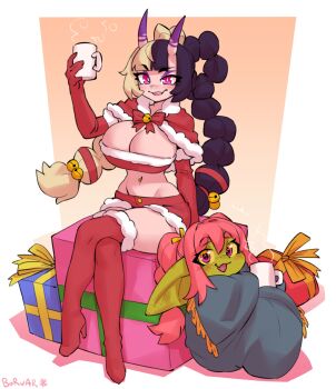 2girls ayaka_(athighhighguy) bell blonde_hair blush boots borvar box breasts capelet cleavage coffee_mug commission crop_top cup eyebrows_hidden_by_hair female_goblin full_body fur-trimmed_boots fur-trimmed_capelet fur-trimmed_shorts fur_trim gift gift_box gloves goblin groin hair_bell hair_ornament hair_rings highres holding holding_cup horns jingle_bell large_breasts large_ears long_hair looking_at_viewer mug multicolored_hair multiple_girls navel nixi_(athighhighguy) on_box open_mouth original pink_eyes pink_hair purple_hair red_boots red_capelet red_gloves red_shorts second-party_source shadow shorts simple_background sitting sitting_on_box skin-covered_horns smile stomach two-tone_hair very_long_hair wrapped_in_blanket