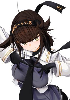 1girl absurdres ahoge black_bodysuit black_neckerchief bodysuit breasts brown_hair commentary_request cowboy_shot framed_breasts grey_eyes hachimaki hatsuzuki_(kancolle) hatsuzuki_kai_ni_(kancolle) headband highres index_fingers_together kantai_collection large_breasts looking_at_viewer neckerchief pleated_skirt poking_own_breast sidelocks skirt smile solo tastas