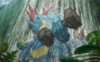 berry_(pokemon) closed_mouth commentary_request dumbbell feraligatr gen_2_pokemon holding holding_dumbbell hondew_berry kuroki_shigewo nintendo palm_leaf pokemon pokemon_(creature) sharp_teeth solo teeth training veins veiny_hands water waterfall wet