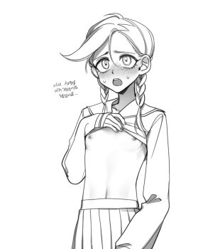 1boy bad_id bad_pixiv_id blush braid breasts clothes_lift commentary_request crossdressing crossdressing_(mtf) greyscale jojo_no_kimyou_na_bouken korean_text lifting_own_clothes long_hair long_sleeves male_focus monochrome navel nose_blush open_mouth pleated_skirt school_uniform sempon_(doppio_note) serafuku shirt_lift skirt small_breasts solo sweat translation_request trap twin_braids vento_aureo vinegar_doppio