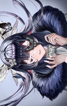 1girl black_butterfly black_hair bug butterfly chinami_(chinamin_02) closed_eyes coat columbina_(genshin_impact) commentary_request eye_mask fatui_coat feathered_wings floating_hair fur-trimmed_coat fur_trim genshin_impact head_wings highres insect mask open_mouth sideways upper_body white_mask wings x-shaped_eyewear