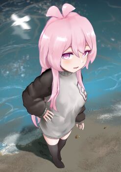 1girl beach dimensionless88 looking_at_viewer mumble_(shachimu) outdoors pink_eyes pink_hair sand see-through_clothes see-through_legwear socks solo sweater tagme thighhighs toes water