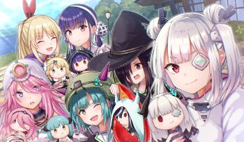 Rule 34 | 6+girls, black hair, blonde hair, bungo yayoi, character doll, commentary request, doll, double bun, eyepatch, fake horns, green eyes, grey hair, hair bun, hair ornament, hat, heaven burns red, helmet, highres, horned helmet, horns, kanzaki adelheid, looking at viewer, multiple girls, pink eyes, pink hair, purple hair, red eyes, rrtp, sakuraba seira, satsuki mari, stuffed toy, tenne miko, white hair, witch hat, yamawaki bon ivar, yellow eyes