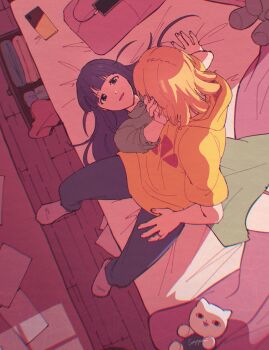 2girls arm_up artist_name bed black_pants blonde_hair blunt_bangs cellphone charging_device chromatic_aberration clothes commentary daiba_nana drawer facing_away from_above green_skirt grey_shirt hair_down hair_spread_out hand_in_another&#039;s_hair hand_on_own_thigh highres hood hood_down hoodie indoors jewelry long_hair looking_at_another lying multiple_girls no_shoes on_back on_bed open_drawer pants paper parted_lips phone pillow purple_eyes purple_hair ring sapphi_(sky_dreamsky) shade shirt shoujo_kageki_revue_starlight sitting skirt smartphone smile socks stuffed_animal stuffed_cat stuffed_toy tsuyuzaki_mahiru two_side_up wedding_ring white_socks wife_and_wife window_shadow yellow_hoodie yuri
