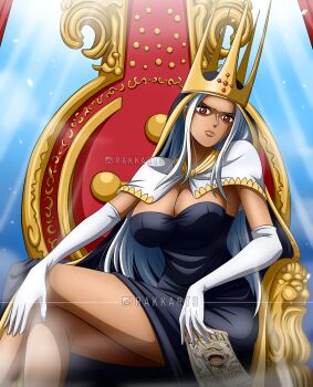1girl absurdres ass breasts covered_face crown dark-skinned_female dark_skin dress female_focus highres imu_(one_piece) large_breasts long_dress looking_at_viewer looking_back monkey_d._luffy monochrome one-eyed one_piece original picking_up poster rakara11_(rakkarts) shaded_face solo talking thick_thighs thighs very_long_dress wanted_poster