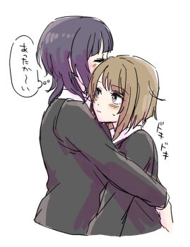 2girls asaka_karin black_hair black_jacket blush bob_cut brown_hair closed_eyes closed_mouth collared_shirt commentary_request grey_eyes heartbeat hug inverted_bob jacket long_sleeves looking_at_another love_live! love_live!_nijigasaki_high_school_idol_club medium_hair multiple_girls nakasu_kasumi nijigasaki_school_uniform school_uniform shirt short_hair solllolll sound_effects speech_bubble sweatdrop thought_bubble translation_request white_shirt winter_uniform