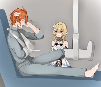 1boy 1girl ^_^ arm_sling artist_name bandaged_head bandages bandaid bandaid_on_cheek bandaid_on_face bare_shoulders blonde_hair blue_pants blue_shirt blush breasts broken_arm broken_leg cast closed_eyes closed_mouth commentary_request crossed_bangs dress feather_hair_ornament feathers feet flower genshin_impact grey_background hair_between_eyes hair_flower hair_intakes hair_ornament hand_up highres kuromu_shado leg_cast long_sleeves looking_at_another lumine_(genshin_impact) medium_breasts open_mouth orange_hair pants profile shirt short_hair short_hair_with_long_locks sidelocks single_bare_foot sitting sleeveless sleeveless_dress smile tartaglia_(genshin_impact) twitter_username white_dress white_flower yellow_eyes