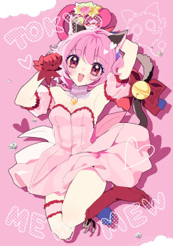 1girl animal_ears arm_up armpits blush bow breasts cat_ears cat_girl cat_tail choker cleavage collarbone detached_sleeves dress frilled_choker frilled_thigh_strap frills gloves hair_between_eyes highres karaage_ha_315 long_hair looking_at_viewer medium_breasts mew_ichigo momomiya_ichigo open_mouth pink_dress pink_eyes pink_hair red_bow red_gloves short_sleeves smile solo strapless strapless_dress strawbell_bell tail tail_bow tail_ornament thigh_strap tokyo_mew_mew