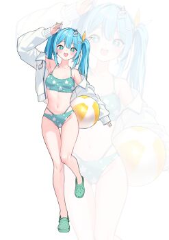 1girl :o absurdres aqua_bikini arahashi_tabi arm_up armpits ball beachball bikini blue_eyes blue_hair commentary_request crocs elppi green_shoes groin highres holding holding_ball holding_beachball jacket korean_commentary leg_up long_hair long_sleeves looking_at_viewer multicolored_hair navel open_clothes open_jacket open_mouth print_bikini shoes single_off_shoulder sleeves_past_wrists solo standing standing_on_one_leg star-shaped_pupils star_(symbol) star_print star_print_bikini stellive stomach streaked_hair swimsuit symbol-shaped_pupils twintails virtual_youtuber white_background white_jacket zoom_layer