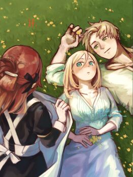 1boy 2girls absurdres black_bow blanket blonde_hair blue_eyes bow brown_hair cider_candy_02 flower green_eyes hair_ornament highres holding holding_blanket husband_and_wives lillia_greyrat lying maid mole mole_under_eye multiple_girls mushoku_tensei on_back on_grass paul_greyrat red_hair yellow_flower zenith_greyrat