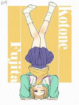 1girl blue_skirt blush braid fujita_kotone full_body gakuen_idolmaster handstand haniwa_hayate highres idolmaster long_sleeves looking_at_viewer one_eye_closed pleated_skirt signature skirt socks solo yellow_background yellow_eyes